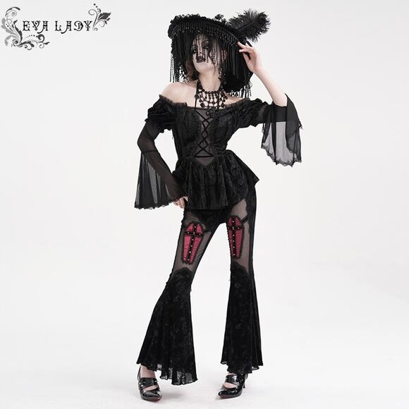 Devil Fashion Gothic Victorian Vampire Black Velvet Rose Princess Peplum Top - Picture 12 of 16